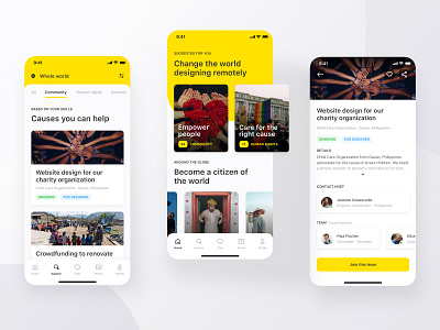 Volontuber App application charity charity causes clean designers ios iphone x minimal mobile mobile ui mobile uiux product design prototype remote work uiux visual yellow