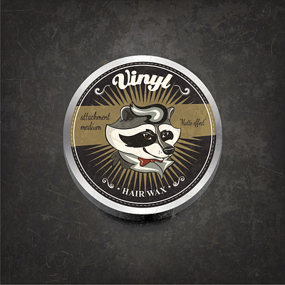 Logo for Hair Wax "Vinyl" in retro modern stile cartoon logo product design raccon retro vintage vinyl