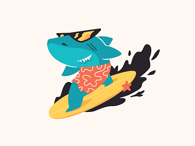 surfing shark character fish flat funny hawaiian illustration ocean sea shark surf surfboard surfing swimsuit vector waves