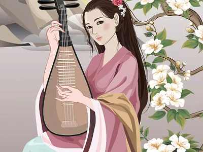 Beautiful Chinese girl playing the harp ancient beautiful card china chinese eyes face flower girl greeting hairstyle hands harp invitation music nature pink song vector wallpapers
