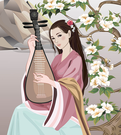 Beautiful Chinese girl playing the harp ancient beautiful card china chinese eyes face flower girl greeting hairstyle hands harp invitation music nature pink song vector wallpapers