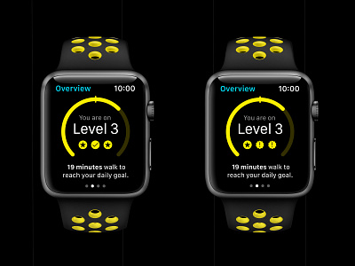 Apple Watch App Concept - Home Page apple watch dark mode dark theme dark ui icon pack icon set icons level levels mockup navigation notification pagination progress bar progressbar reminder status watch app watch os watchos