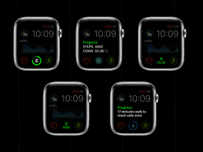 Complications - Apple Watch App Concept apple design apple watch apple watch design complication dark mode dark theme dark ui icon icons iconset indicator mockup progress progress bar settings settings ui watch app watch os watchface watchos