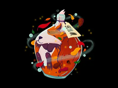 Vossenjacht illustration acorns bottle bottle label bubbles fluffy fox glass happy illustration ipadpro leaves liquor party paws pinecone procreate rum tail