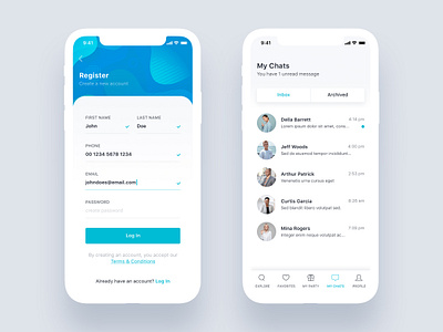 Register & Inbox Views android app chat design ecommerce inbox interface ios iphone login message minimal register signup social ui ux