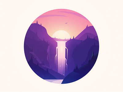 Waterfall forest illustration landscape sunset waterfall