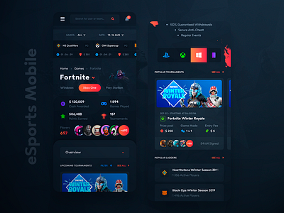 eSports Mobile Web Screens (Dark) counter strike dota esports esports app esports application esports design game app game art gamer gaming app gaming application gaming design gaming mobile app gaming platform gaming website ladder metaverse steam streaming app twitch