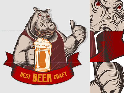 Hippopotamus Beer Glass Thumb Emblem Engraved Ink cartoon character design hand drawing hippo illustration oktoberfest retro vector vintage