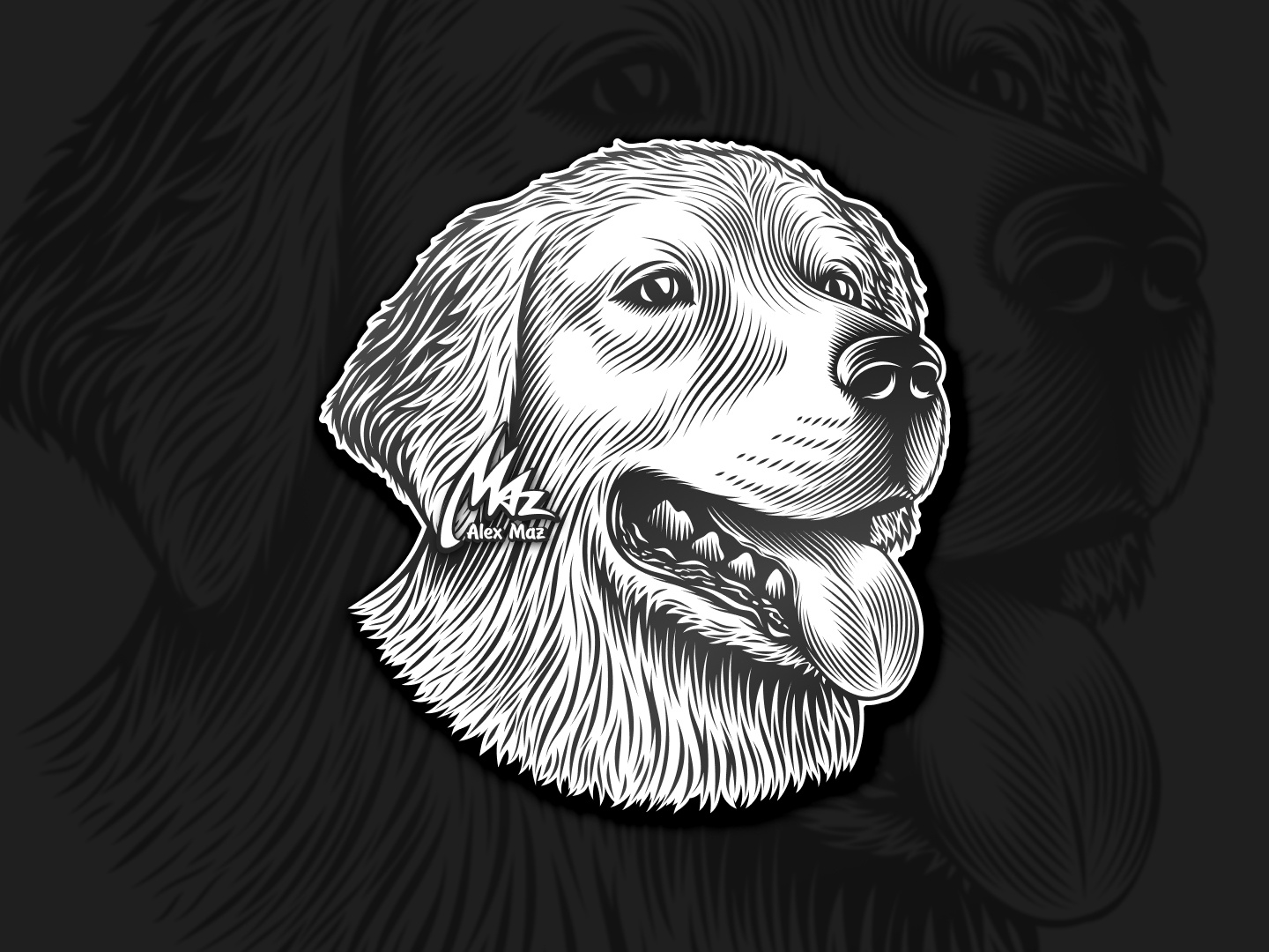Dog Golden Retriever - vector illustration black and white dog engraving golden retriever hand drawing hatching head illustration line art linocut portrait retriever retro vector vintage woodcut