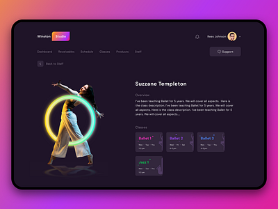 Ballet Teacher and Classes overview (Design Assignment) ballet black class dance dark dark mode dashboard design education figma jazz music neel night prakhar schedule sharma student teacher testing