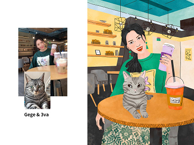 Gege&3va art cat coffee shop drawing freetime girl illustration love warm