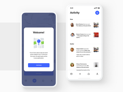 ForumDoma app design activity app clean crisp feed forum icons illustraion map minimal mobile mobile design mockup pin post socialmedia ui ux welcome white