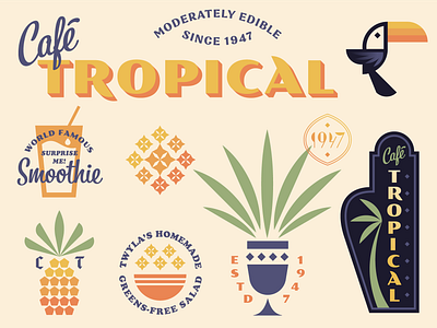 Cafe Tropical (from Schitt's Creek) bird geometric illustration leaves logo palm pineapple retro toucan tree vintage