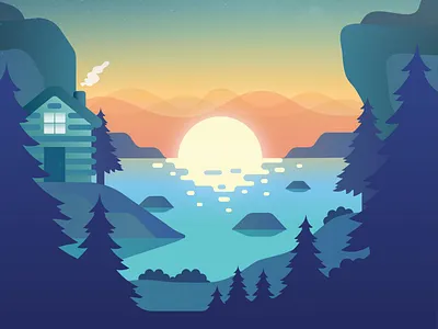 Sunset cabin camp color forest illustration illustrator lake scenes sun sunset woods