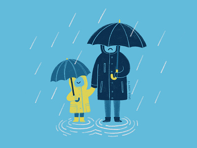 Rainy Day, Yellow Coat autumn blue book illustration child digital illustration fall illustration kid minimal minimalistic mood parent procreate rain sad face simple illustration smiley face umbrella yellow