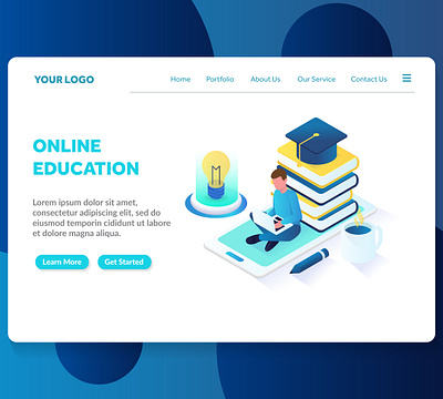 online education website landing page template 3d course courses design e learning education isometric illustration internet isometric landing page modern online education page template video website website template workshop