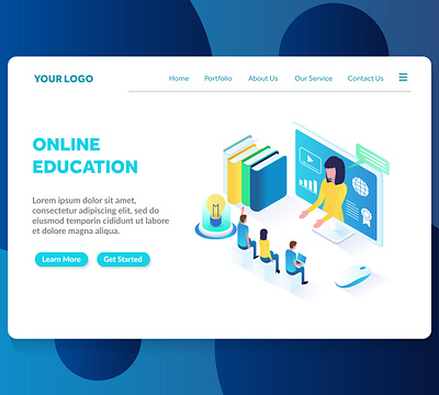 online education website landing page template 3d course design e learning education isometric illustration internet isometric landing page modern online education template vector website website template workshop