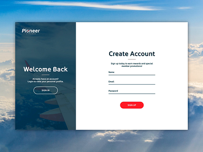 Pioneer Airlines - Login UI airline daily ui dailyui dailyui 001 login page pioneer prototype animation sign up page ui ui ux ui design uidesign web design