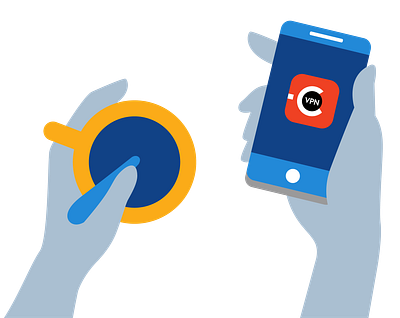 VPN Web Illustrations app application break coffee coffee break fingers hand holding icon mobile mug news online phone phone app privacy private reading spoon vpn