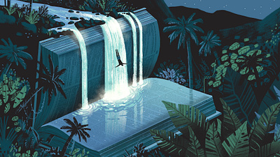 Christianity Today / Dive Into The Bible bible book dive dream editorial editorial illustration fantasy illustration jungle light nature rainforest read reading surreal water waterfall