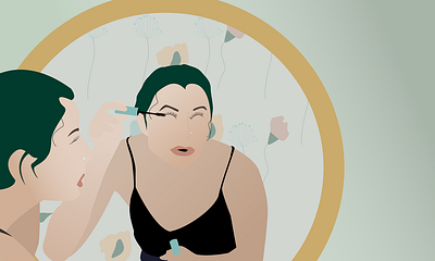 Morning Routine bathroom blush feminine figma flowers girl gold green green hair illustration makeup mascara minimalism mirror morning pattern pen tool pink vector woman