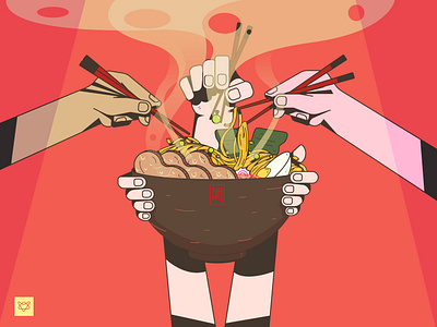 RAMEN TIME color colors delicious digital illustration digitalart eat food friends hands hot hungry illustration ilustrator japan japanese food lifestyle noodles ramen red vector