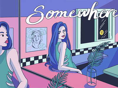 somewhere, but also, nowhere anime color colorway design diner drawing feel graphic illustration illustrations illustrator mood nostalgia procreate sad vapor vaporwave vibe vibes