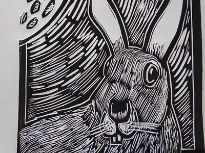 Rabbit in the moonlight, Linocut print animal art artwork lino linocut moonlight printmaking rabbit