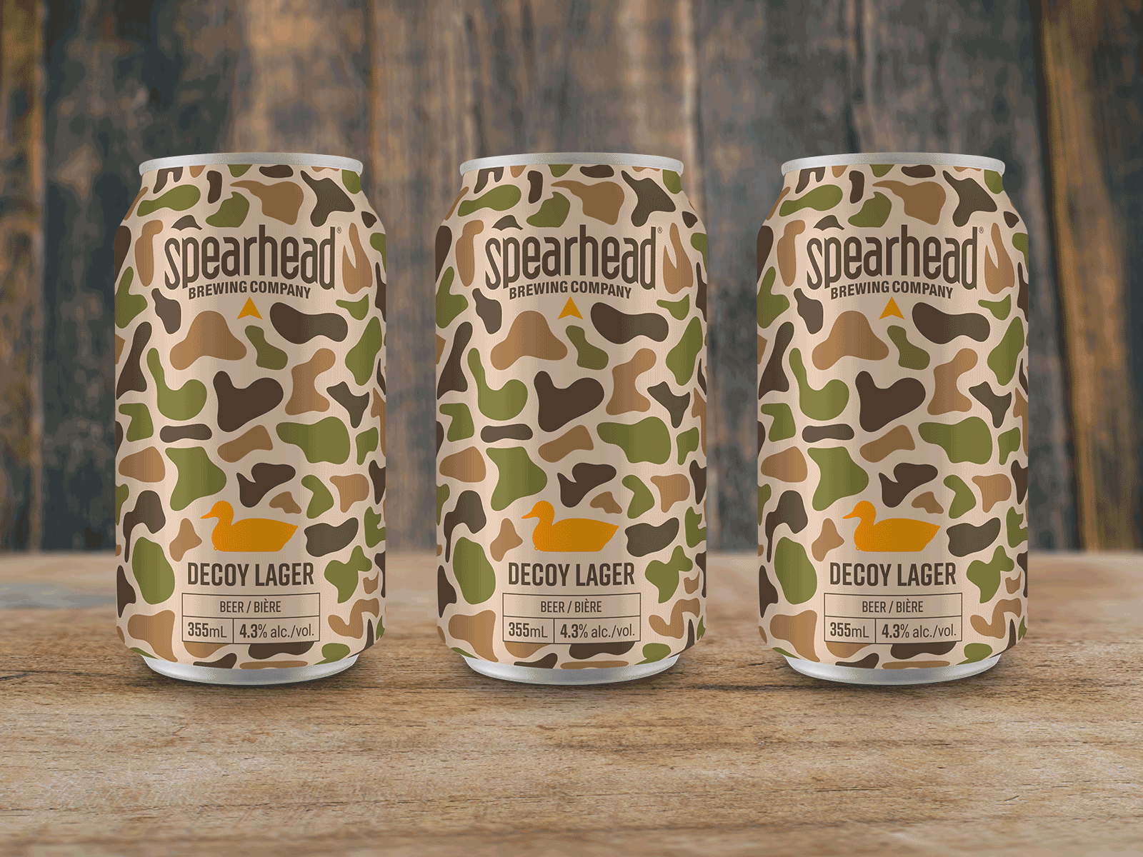 Decoy Lager beer branding camo camouflage conservation decoy design duck ducks unlimited hunter hunting identity illustration label design logo mallard packaging packaging design spearhead vector