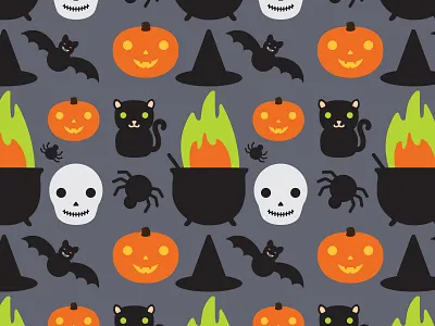 Happy Halloween autumn bat cat cauldren fall halloween pattern pumpkin skull vector art witch