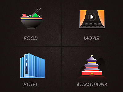 Design of automotive theme Icon architecture attractions black bowl car food hotel icon movie noodles play theme