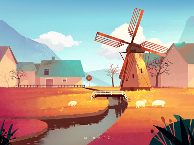 Windmill town art flat illustration scenery sheep town