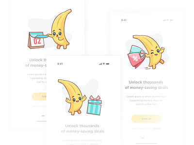 Characters for mobile app 1 2d bag banana calendar cartton character emotion icon illustration logo present shop sticker ui vector