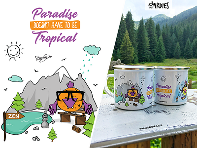 Zen Enamelled Mug birdies children illustration colourful digitally enamelled mugs illustration kids illustrations mountains mug nerds paradise tropical vector zen