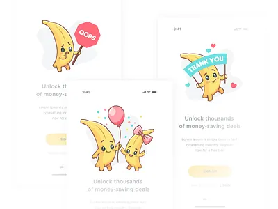 Characters for mobile app 3 2d avatar banana celebration character child cute emotion error game icon illustration love smile stickers thank ui vector