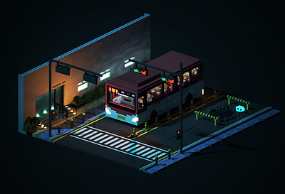 Late night bus illustration isometric illustration lowpoly orthographic voxel