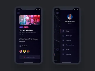 Venue Details & Side Menu android app dark ui design details ecommerce entertainment ios iphone map navigation profile sidemenu social ui ux