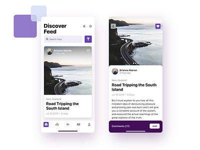 Travel Application app applicaiton card comments details discover feed likes menu menu bar mobile mobile app mobile app design mobile design mobile ui travel trip trips ui ux