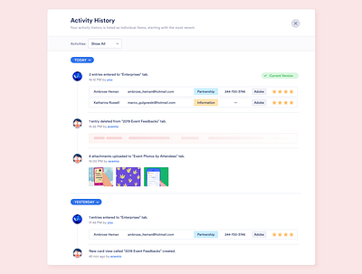 Concept Design - Activity History activity activity feed activity history calendar collaboration data data visulization entry filter history lists modal design notification center notifications revision tasks ui users version version control