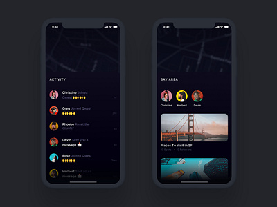Activities & Nearby Views android app dark ui design ecommerce entertainment events ios iphone list map nearby notifications search social ui ux