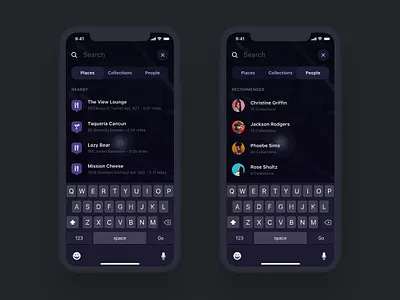 Search Places & People android app dark ui design ecommerce events filter ios iphone list map navigation people places profile reservation search social ui ux