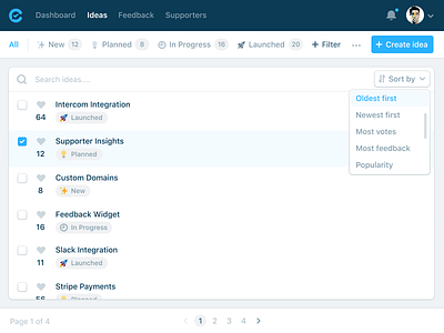 Conflux: Ideas Overview filter filtering ideas overview pagination sort sorting table tabs