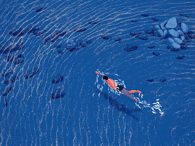 Tender in the dark blue 3 blue boy dark blue design digital art digital illustration flat design flat illustration graphic design illustration night ocean rock sea swim swimming