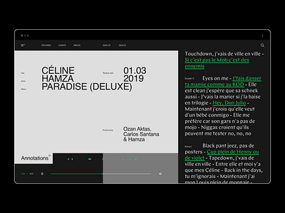 Song Lyrics dark ui design exploration desktop editorial green grid hamza layout lyrics music player player rap type ui web web design
