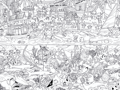 Busy beach colouring poster beach busy scene cartoon characters coral dan chernett environment fish line mocoloco reef sea sharks