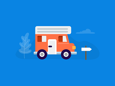 Red caravan artwork banner blue camp caravan design flat flat design icon illustration minimal outdoor red roads van vector vehicle work