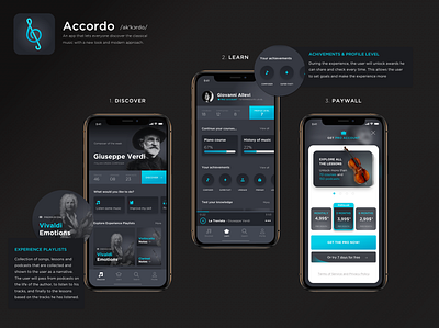 Accordo - App Concept for #designflows 2019 accordo achievement app dark ui design designflows discover elegant experience inspiration iphone learn learning app minimal mobile music paywall profile ui ux