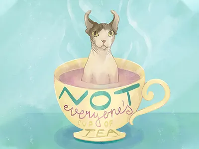 Not Everyone's Cup of Tea - Sphynx Elf - Part 5 alien alien cat big eyes big green eyes cat cup digital illustration elf cat elf sphynx gouache hairless cat procreate app tea tea lovers wrinkly cat yellow cup