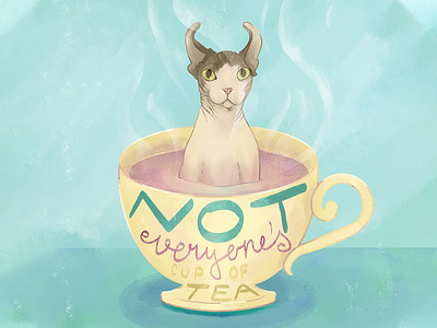 Not Everyone's Cup of Tea - Sphynx Elf - Part 5 alien alien cat big eyes big green eyes cat cup digital illustration elf cat elf sphynx gouache hairless cat procreate app tea tea lovers wrinkly cat yellow cup