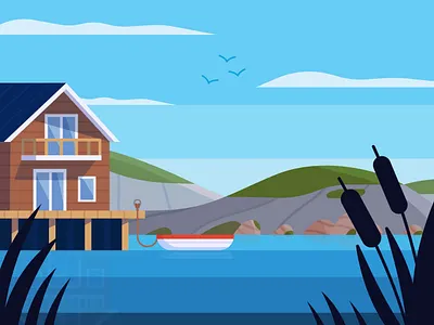 Cabin by the lake 2d cabin illustration lake landscape nature vector